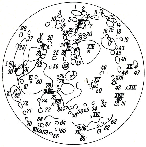 Рис. 93. Схематическая карта лунной поверхности (для сравнения с рис. 93)