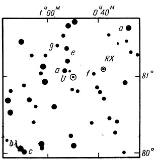 Рис. 171. Карта окрестностей U Цефрея. Звездные величины звезд сравнения: а = 6,38, b = 6,73, с = 7,20, d = 7,80, е = 8,41; f =9,12, g =9,54. На карте помечена также неправильная переменная RX Цефрея